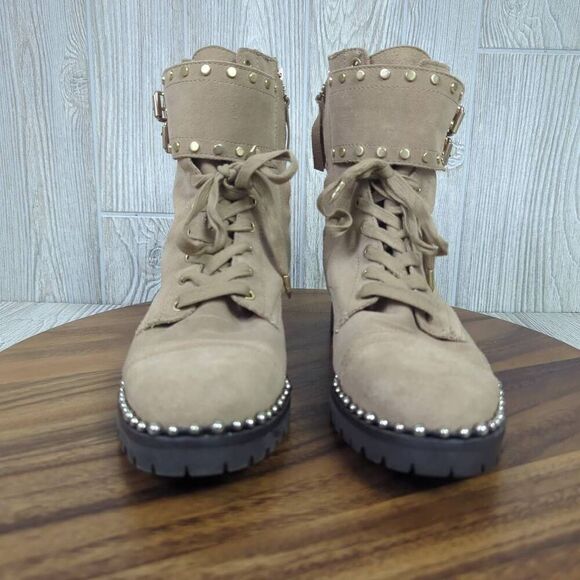 Sam Edelman Womens 8.5 Jennifer Boots Studded Combat Tan Suede Zip Ankle - Picture 2 of 12